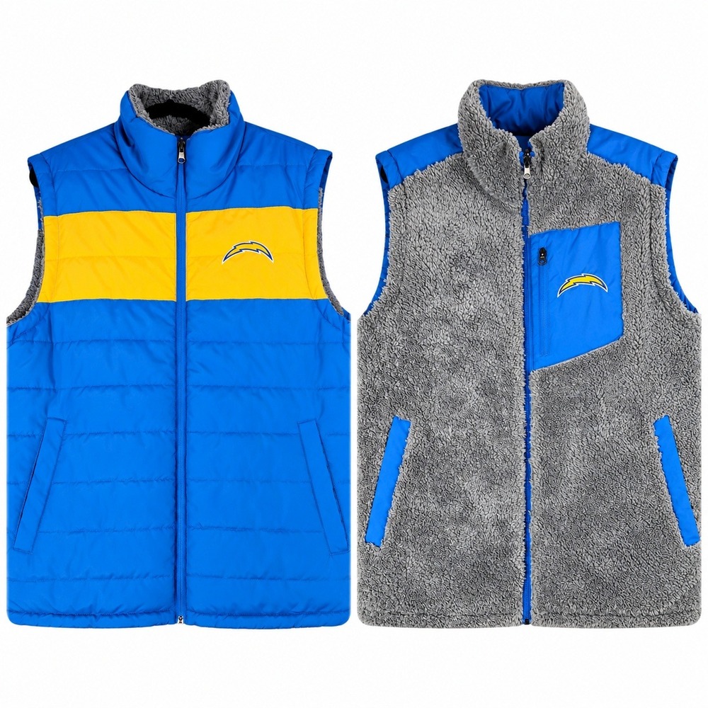 NFL Los Angeles Chargers Reversible Vest Mens L Blue Yellow Fleece Puffer NWT